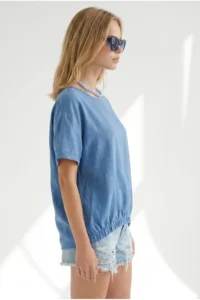 Olalook Women's Indigo Crew Neck Front Short Back Long Flam Cotton Blouse - Image 5