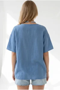Olalook Women's Indigo Crew Neck Front Short Back Long Flam Cotton Blouse - Image 6