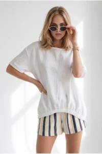 Olalook Women's White Crew Neck Front Short Back Long Flam Cotton Blouse - Image 2