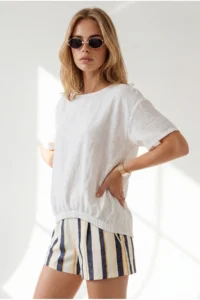 Olalook Women's White Crew Neck Front Short Back Long Flam Cotton Blouse - Image 3