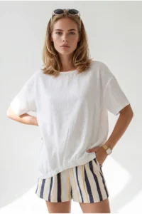 Olalook Women's White Crew Neck Front Short Back Long Flam Cotton Blouse - Image 4