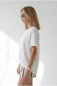 Olalook Women's White Crew Neck Front Short Back Long Flam Cotton Blouse - Image 5