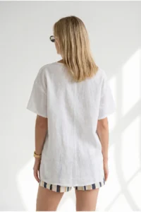 Olalook Women's White Crew Neck Front Short Back Long Flam Cotton Blouse - Image 6