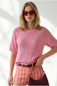 Olalook Women's Pink Raglan Sleeve Mercerized Knitwear Blouse