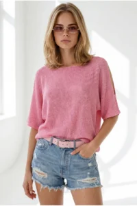 Olalook Women's Candy Pink Sleeve Low-cut Mercerized Knitwear Blouse - Image 2