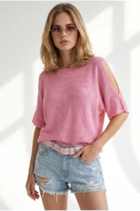 Olalook Women's Candy Pink Sleeve Low-cut Mercerized Knitwear Blouse - Image 3