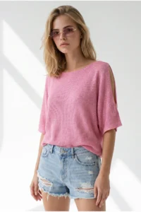 Olalook Women's Candy Pink Sleeve Low-cut Mercerized Knitwear Blouse - Image 5