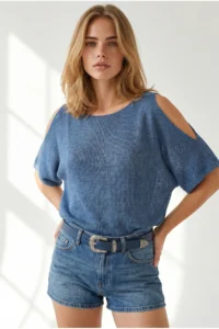 Olalook Women's Indigo Sleeve Decollete Mercerized Knitwear Blouse - Image 2