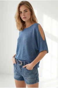 Olalook Women's Indigo Sleeve Decollete Mercerized Knitwear Blouse - Image 3