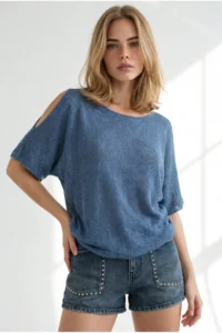 Olalook Women's Indigo Sleeve Decollete Mercerized Knitwear Blouse - Image 4