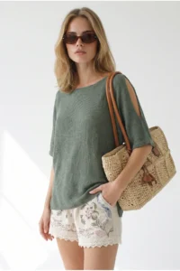 Olalook Women's Khaki Sleeve Low-cut Mercerized Knitwear Blouse - Image 2
