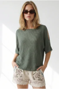 Olalook Women's Khaki Sleeve Low-cut Mercerized Knitwear Blouse - Image 4