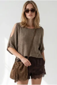 Olalook Women's Mink Sleeve Low-cut Mercerized Knitwear Blouse