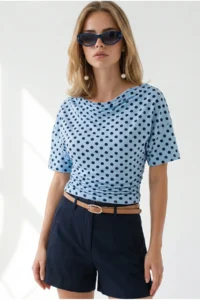 Olalook Women's Polka Dot Baby Blue Drape Detailed Collar Polka Dot Blouse