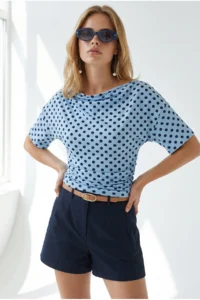 Olalook Women's Polka Dot Baby Blue Drape Detailed Collar Polka Dot Blouse - Image 2