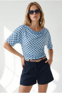 Olalook Women's Polka Dot Baby Blue Drape Detailed Collar Polka Dot Blouse - Image 3