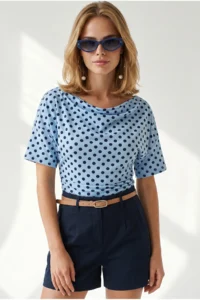 Olalook Women's Polka Dot Baby Blue Drape Detailed Collar Polka Dot Blouse - Image 4