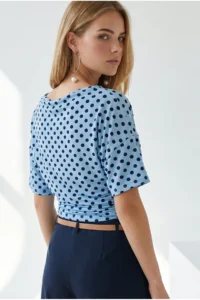 Olalook Women's Polka Dot Baby Blue Drape Detailed Collar Polka Dot Blouse - Image 5