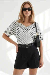 Olalook Women's Polka Dot White Drape Detailed Collar Polka Dot Blouse - Image 2