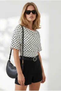 Olalook Women's Polka Dot White Drape Detailed Collar Polka Dot Blouse - Image 3