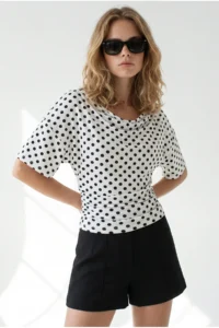 Olalook Women's Polka Dot White Drape Detailed Collar Polka Dot Blouse - Image 4