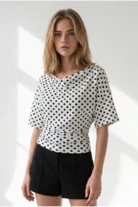 Olalook Women's Polka Dot White Drape Detailed Collar Polka Dot Blouse - Image 5