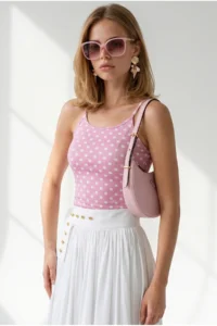 Olalook Women's Polka Dot Pink Strapped Basic Polyamide Athlete Blouse - Image 3