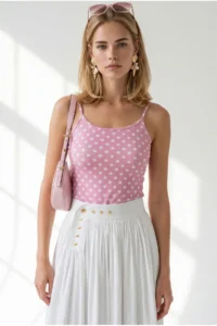 Olalook Women's Polka Dot Pink Strapped Basic Polyamide Athlete Blouse - Image 4