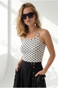 Olalook Women's Polka Dot White Strapped Basic Polyamide Athlete Blouse
