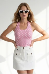 Olalook Women's Polka Dot Pink Halter Front Double Layer Crop Blouse - Image 2