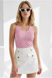 Olalook Women's Polka Dot Pink Halter Front Double Layer Crop Blouse - Image 4