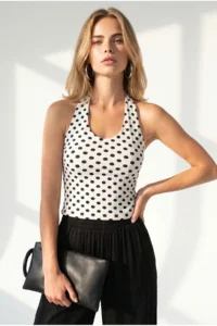 Olalook Women's Polka Dot White Halter Front Double Layer Crop Blouse