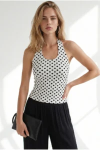 Olalook Women's Polka Dot White Halter Front Double Layer Crop Blouse - Image 3