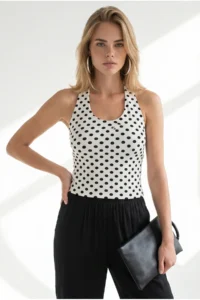 Olalook Women's Polka Dot White Halter Front Double Layer Crop Blouse - Image 4