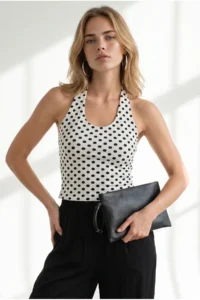 Olalook Women's Polka Dot White Halter Front Double Layer Crop Blouse - Image 5