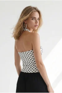 Olalook Women's Polka Dot White Halter Front Double Layer Crop Blouse - Image 6