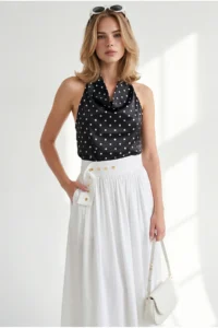 Olalook Women's Black Halter Detailed Satin Blouse - Image 3