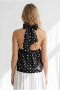 Olalook Women's Black Halter Detailed Satin Blouse - Image 6