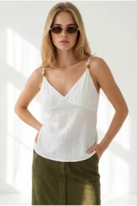 Olalook Women's White Strap Adjustable Bead Detailed Crop Blouse - Image 4