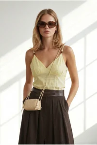 Olalook Women's Yellow Strap Adjustable Bead Detailed Crop Blouse - Image 2
