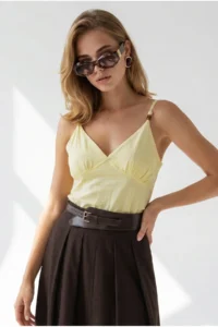 Olalook Women's Yellow Strap Adjustable Bead Detailed Crop Blouse - Image 3