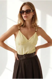 Olalook Women's Yellow Strap Adjustable Bead Detailed Crop Blouse - Image 4