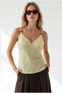 Olalook Women's Yellow Strap Adjustable Bead Detailed Crop Blouse - Image 5