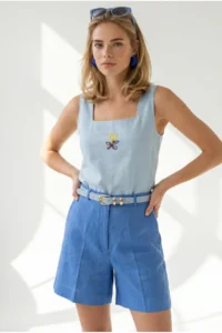 Olalook Women's Baby Blue Square Collar Embroidered Linen Blouse - Image 2