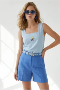 Olalook Women's Baby Blue Square Collar Embroidered Linen Blouse - Image 3