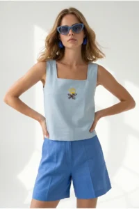 Olalook Women's Baby Blue Square Collar Embroidered Linen Blouse - Image 4