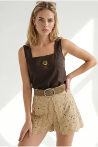 Olalook Women's Bitter Brown Square Collar Embroidered Linen Blouse