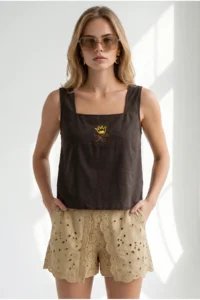Olalook Women's Bitter Brown Square Collar Embroidered Linen Blouse - Image 4