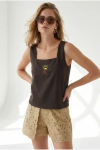 Olalook Women's Bitter Brown Square Collar Embroidered Linen Blouse - Image 5