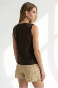 Olalook Women's Bitter Brown Square Collar Embroidered Linen Blouse - Image 6